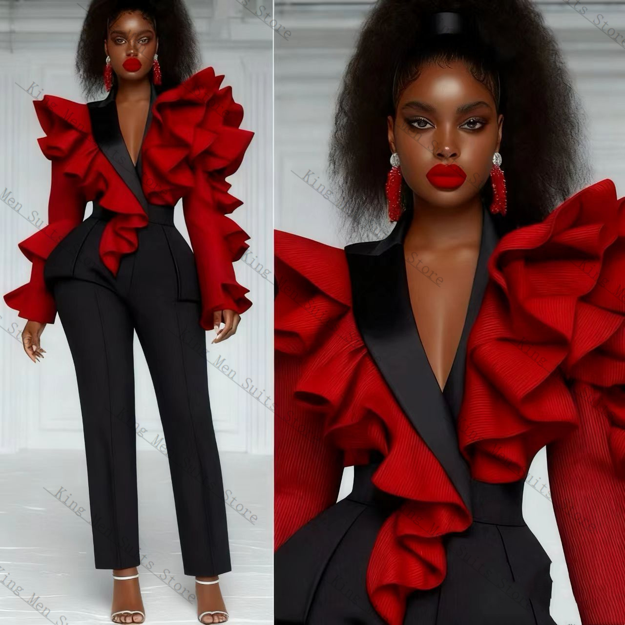 Women'S Formal Wear Tuxedo - Rood Zwart Vrouwen Pak Set 2-delig