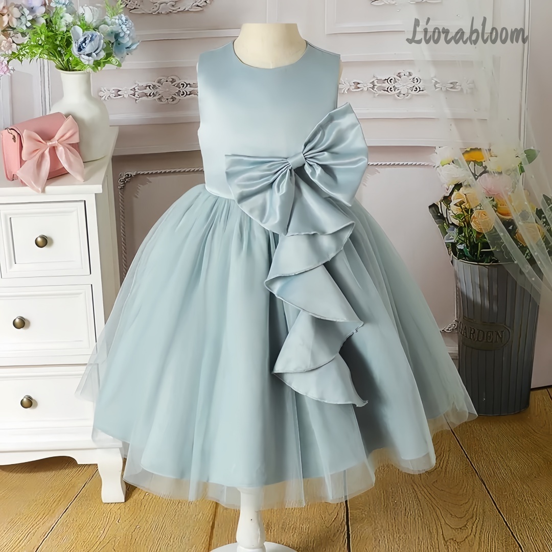 Large Women'S Formal Wear - Blauwe kinderavondjurk bloemenmeisjesjurk met grote strikaccent,
