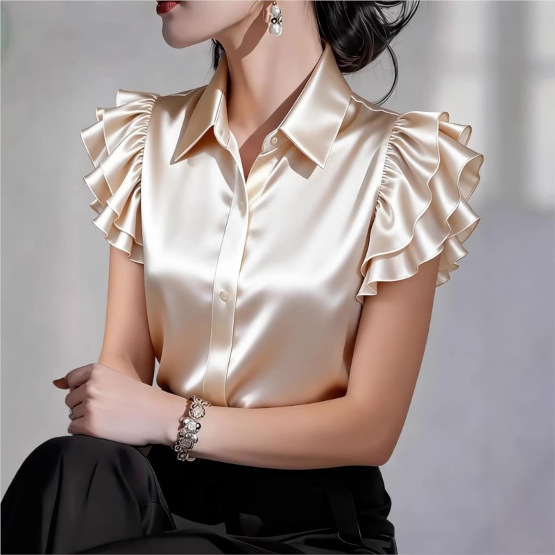 Silk Blouse Button - Casual blouse met ruches en korte