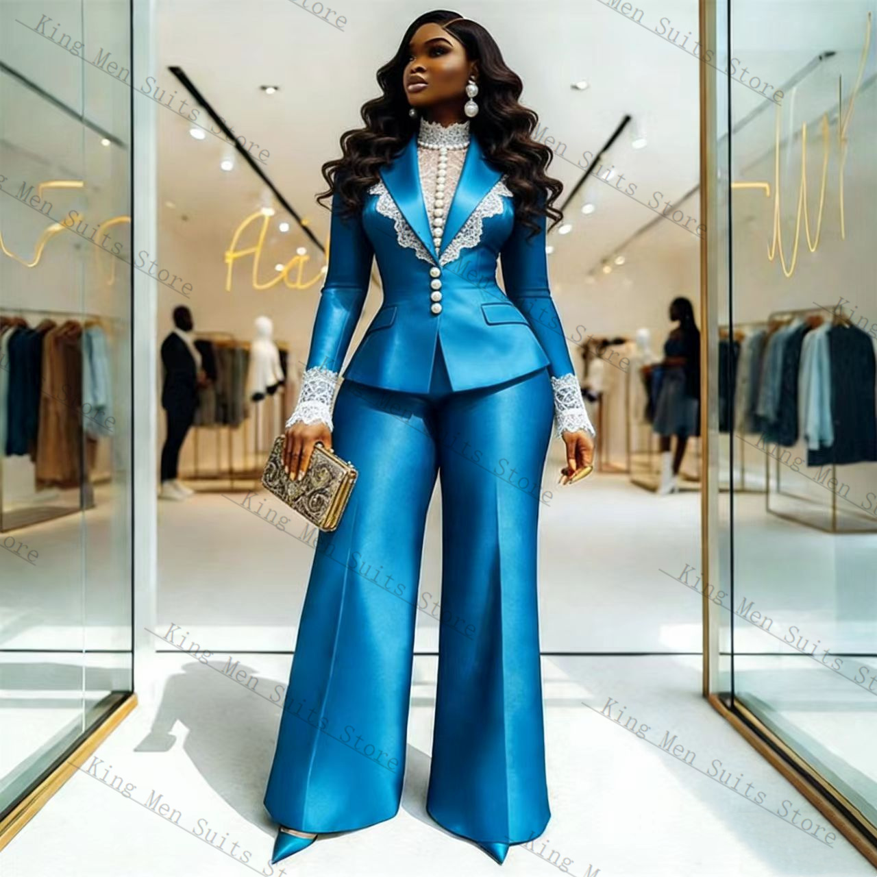 Women'S Formal Wear Tuxedo - Blauw Satijn Kant Vrouwen Pak Set