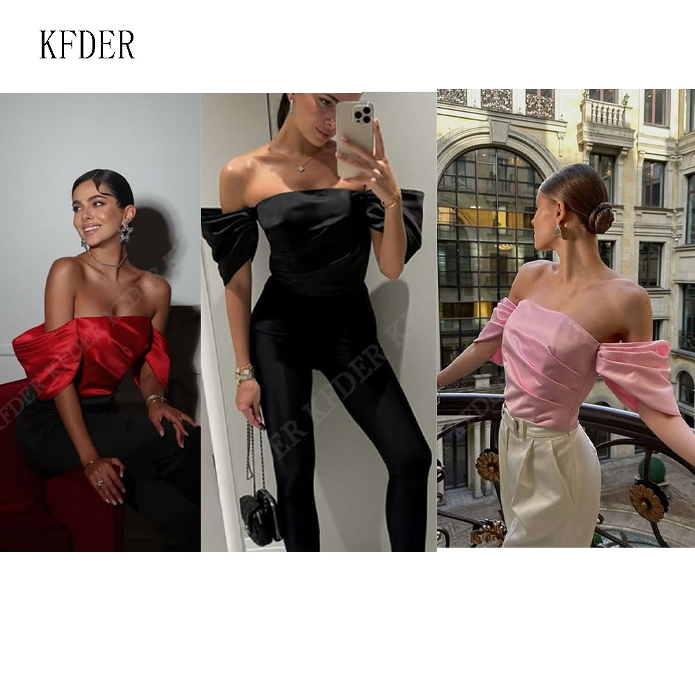Women Formal Blouses For Evening Wear - Off-shoulder satijnen blouse dames elegante gedrapeerde