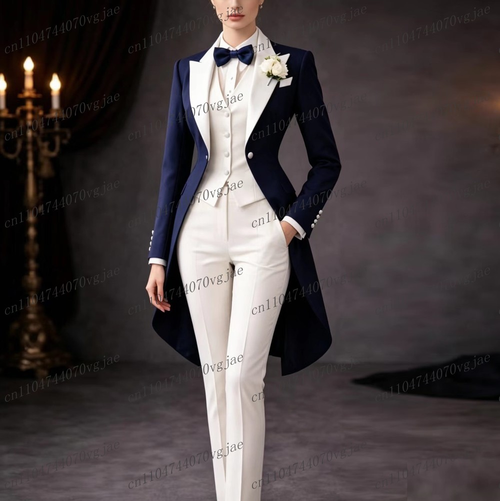 Blazer Set Women Formal - Marineblauw en wit lang damespak formeel