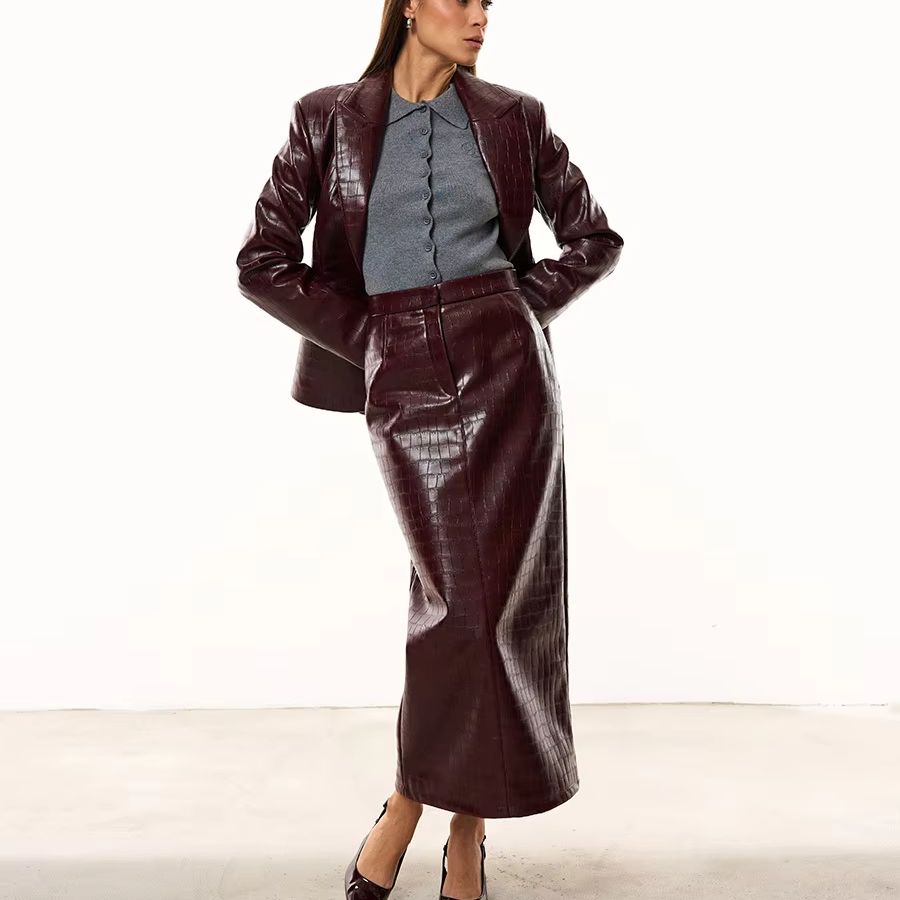 Blazer Set Women Formal - IG Dames Bourgondische Croc Kunstleren 2-delige