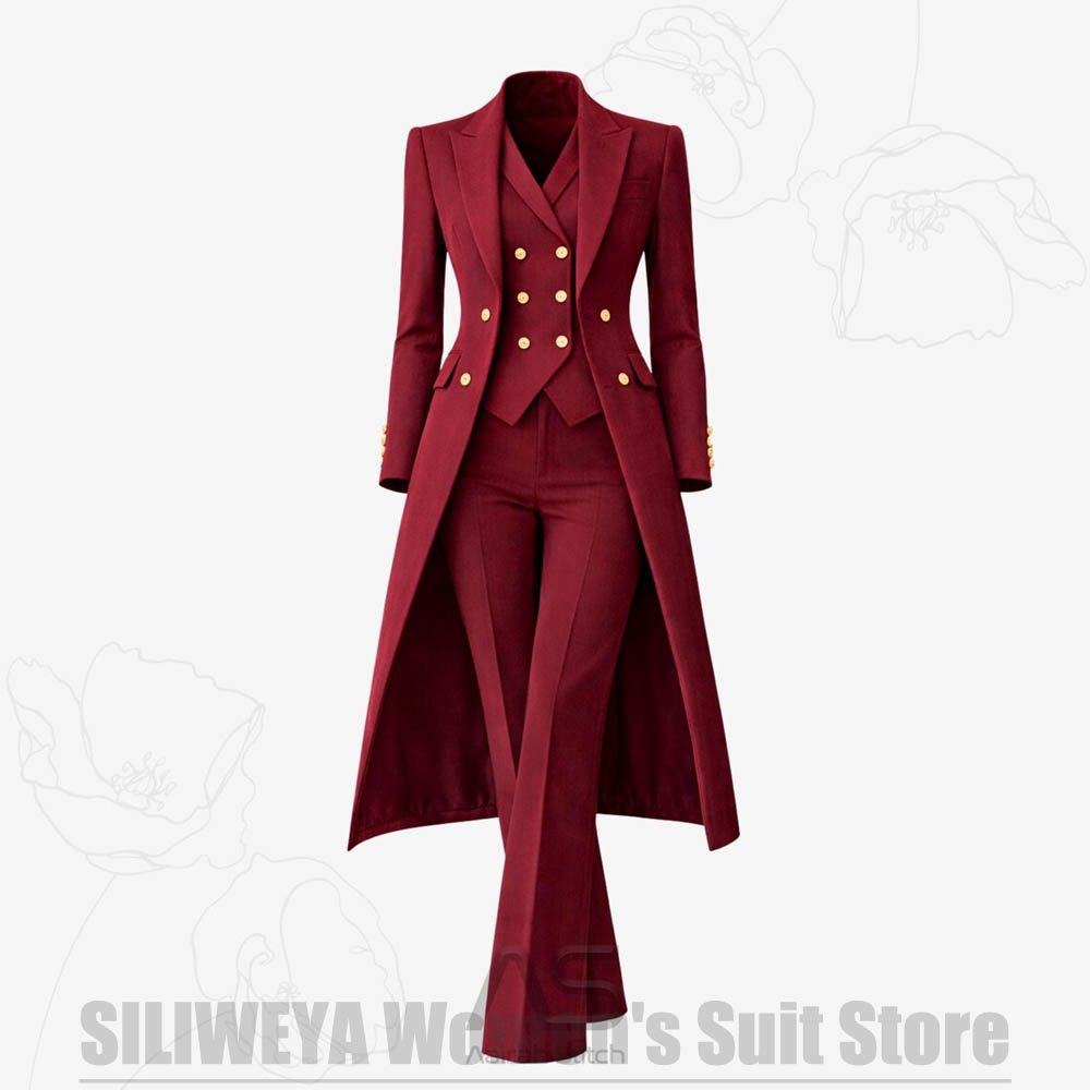 Women Formal Wear Shirt And Pant - Damespak 3-delig dubbelgeknoopt lange jas vest