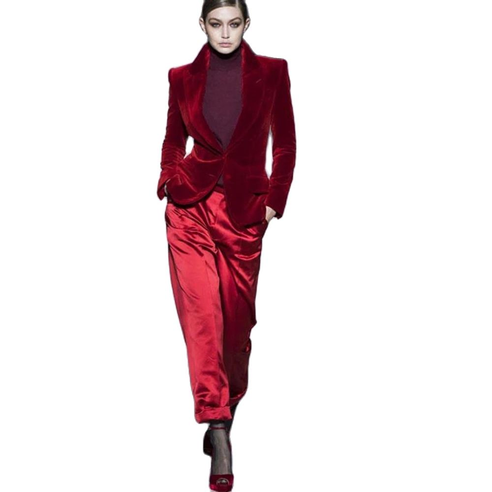 Women'S Formal Wear Tuxedo - Vrouwen Broek Past Wijn Rode Fluwelen