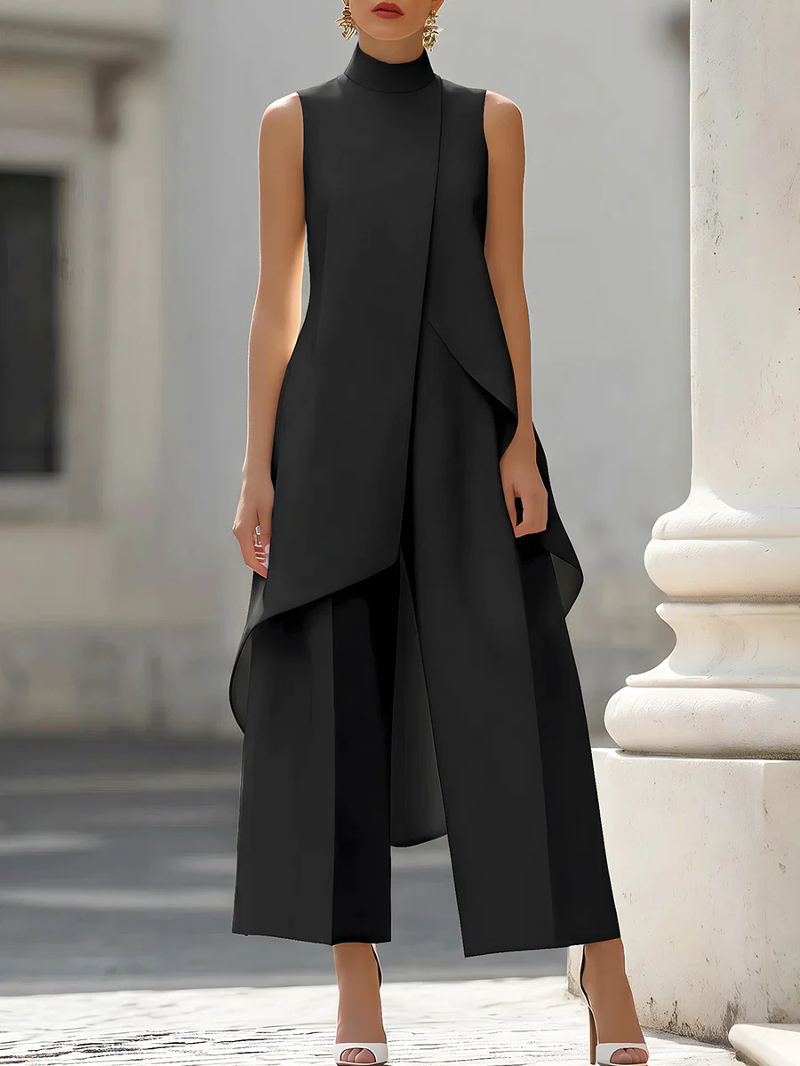Women'S Formal Wear With Pants - Mouwloze jumpsuit met hoge hals, asymmetrische