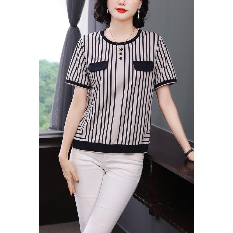 Silk Blouse Button - Dames gestreept ijszijde T-shirt met korte