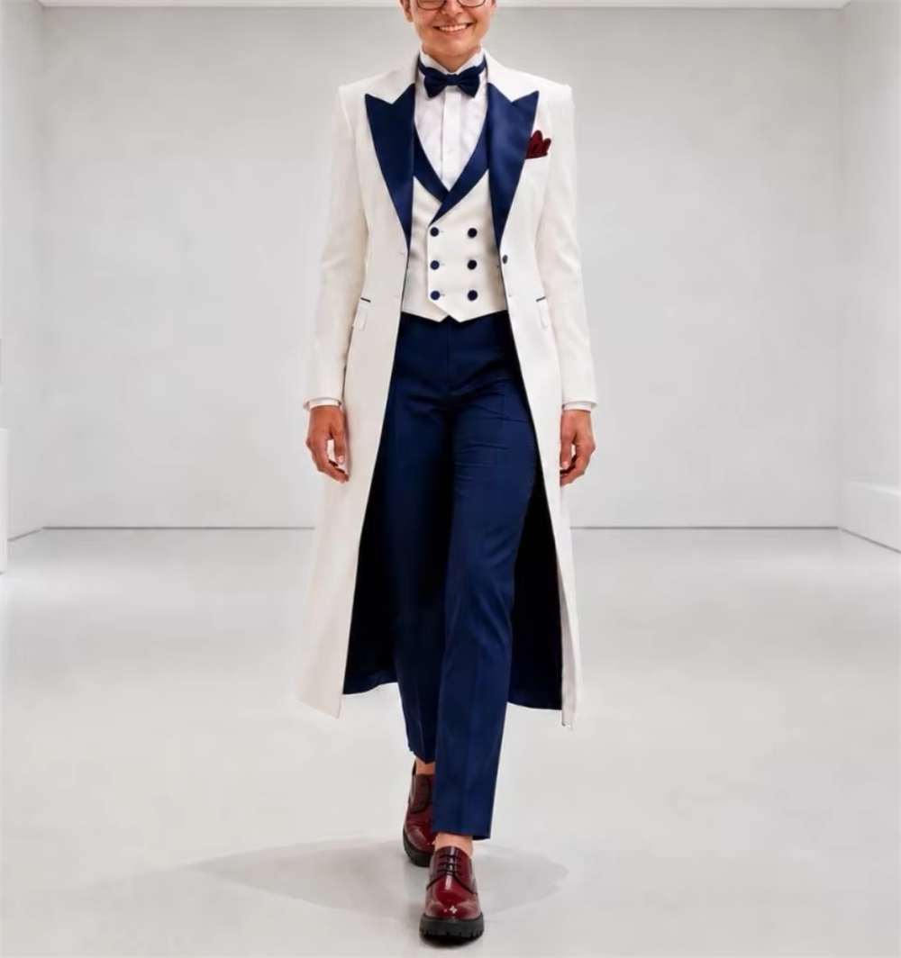 Women Formal Wear With Blazer - Marineblauw-wit damespak, elegant, op maat gemaakt,