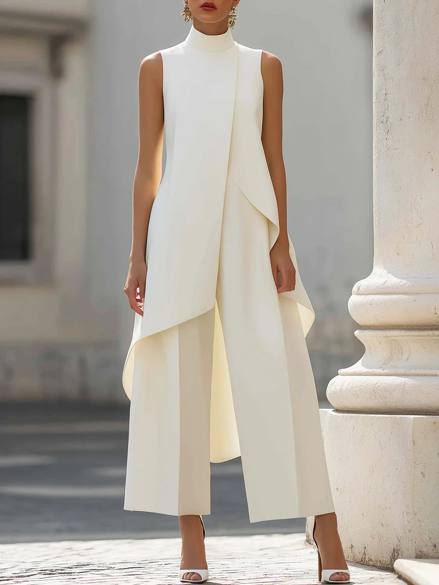 Women'S Formal Wear With Pants - Damesmode, effenkleurig tweedelig mouwloos asymmetrisch topje